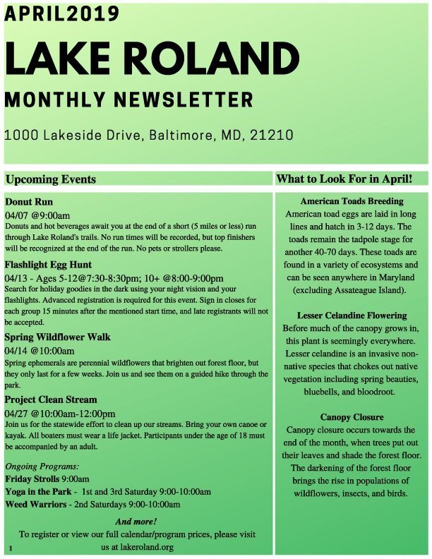 April 2019 Lake Roland Newsletter