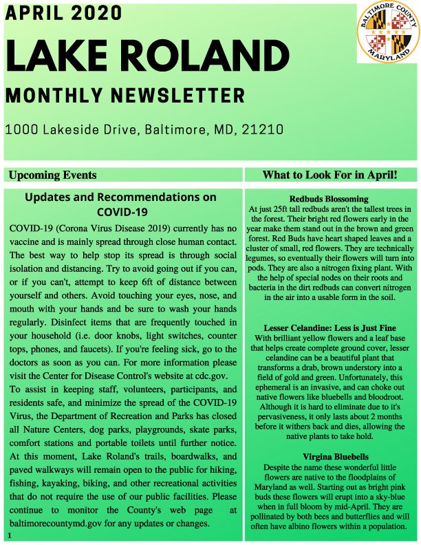 April 2020 Lake Roland Newsletter