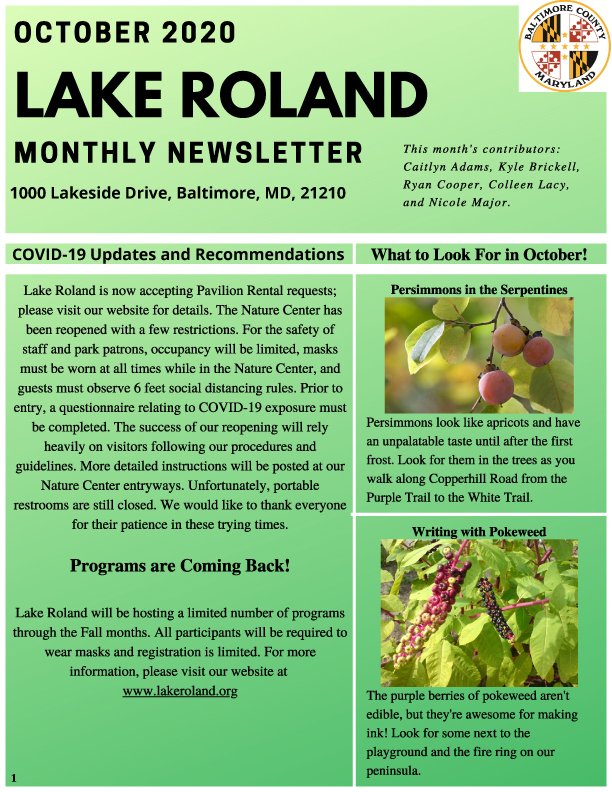 October 2020 Lake Roland Newsletter